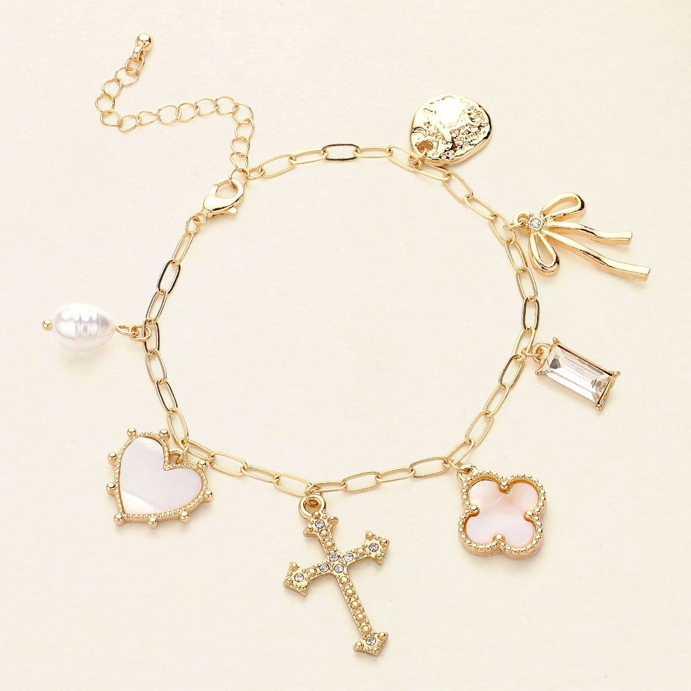 Pearl Heart Cross Quatrefoil Bow Charm Station Bracelet
